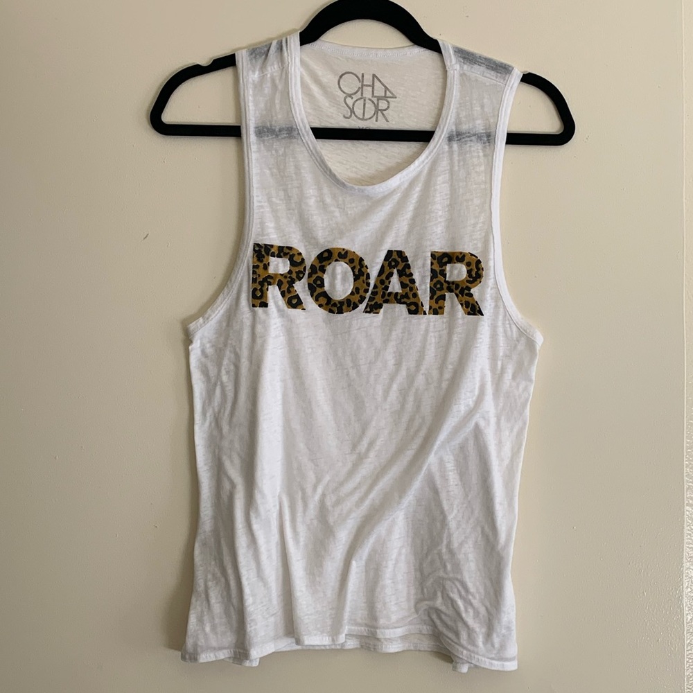 Chaser White Tank Top with ROAR in Leopard Print